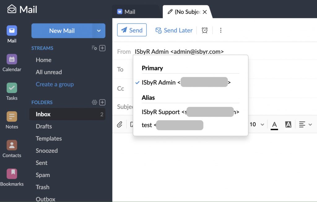 Zoho Mail send email using one of the aliases