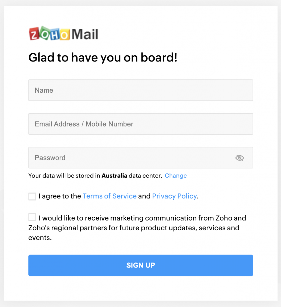 Zoho signup form