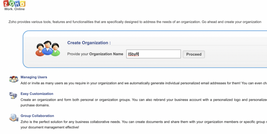 Zoho New Organization form