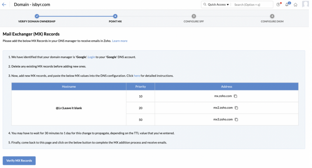 Zoho Mail MX DNS record