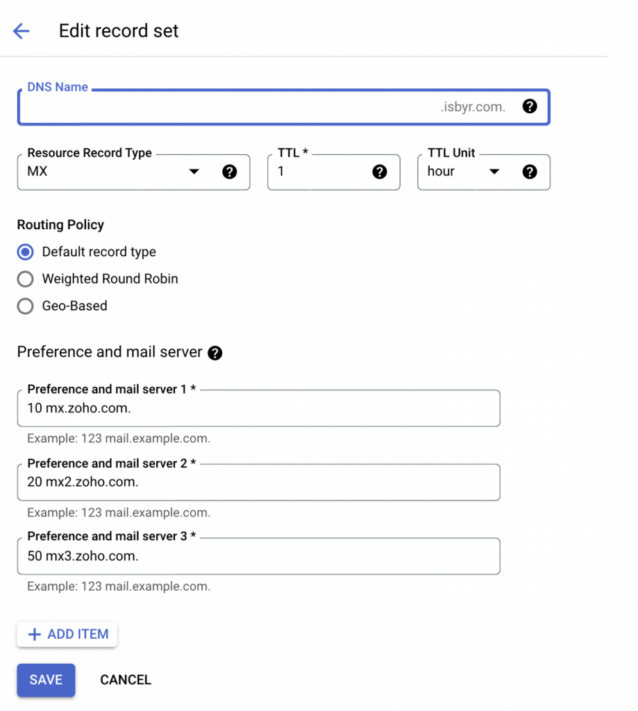 GCP Cloud DNS MX records