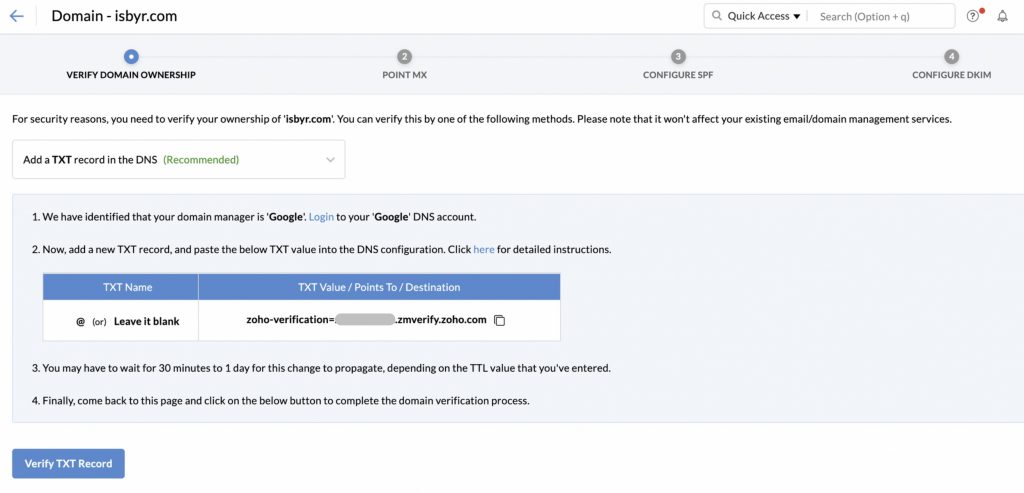 Zoho Mail Domain verification TXT DNS record