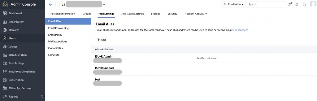 Zoho Mail Aliases creation