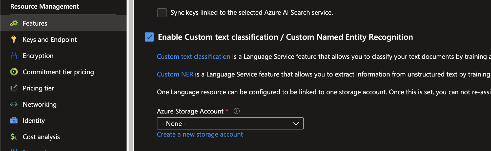 Azure Language Service Features page