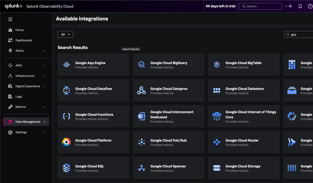 Splunk O11y Infrastructure Monitoring Available Integrations