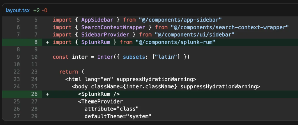 layout.tsx with Splunk O11y RUM component