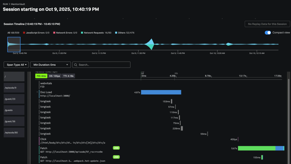 Splunk O11y Cloud RUM Session Timeline
