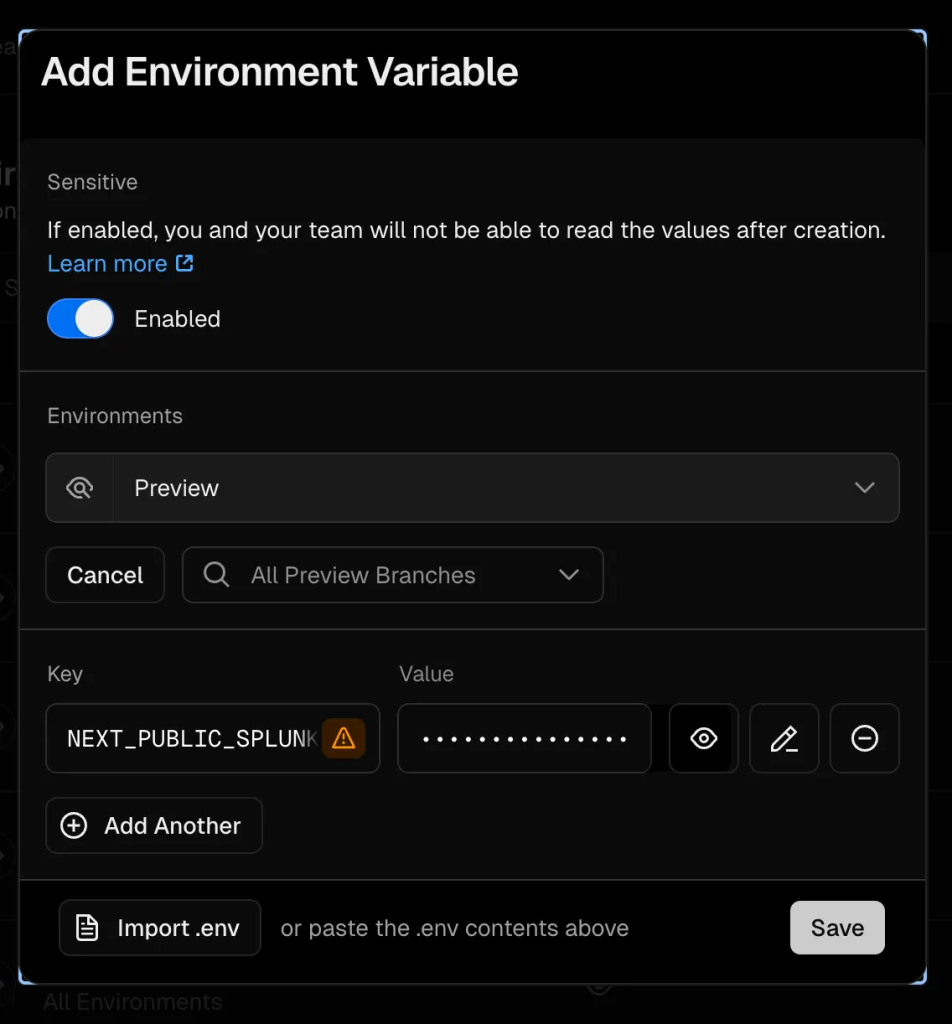 Vercek Add Environment Variable page