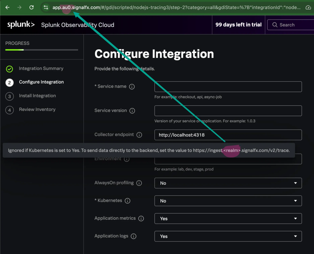 Splunk O11y Cloud Node.JS APM wizard