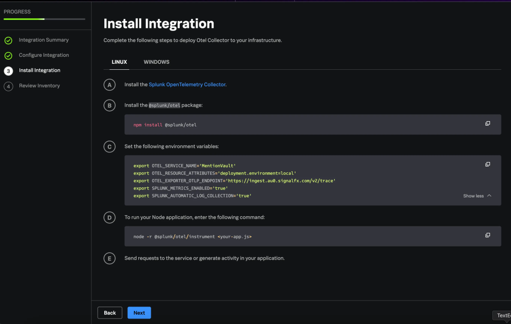 Splunk O11y Cloud Node.JS APM wizard recommendation