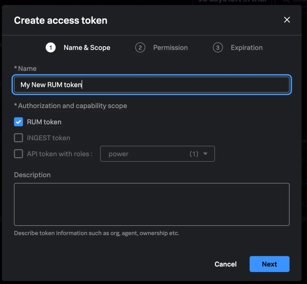 Splunk O11y Cloud Create new access token wizard