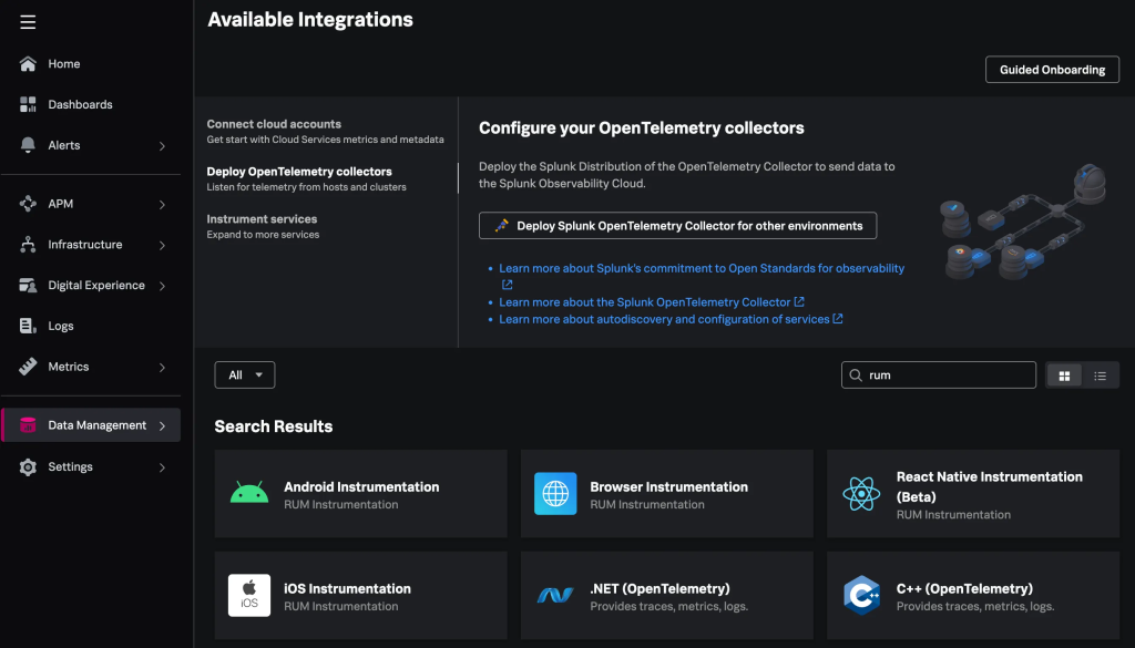 Splunk O11y Cloud Available Integrations - RUM