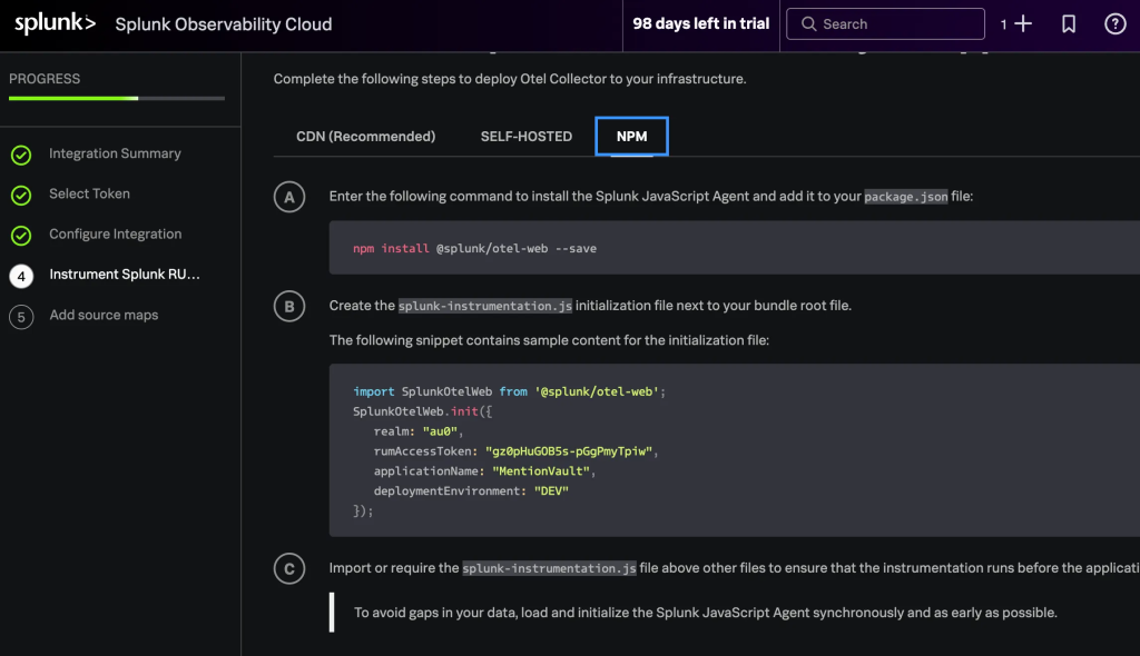 Splunk O11y Cloud RUM Wizard